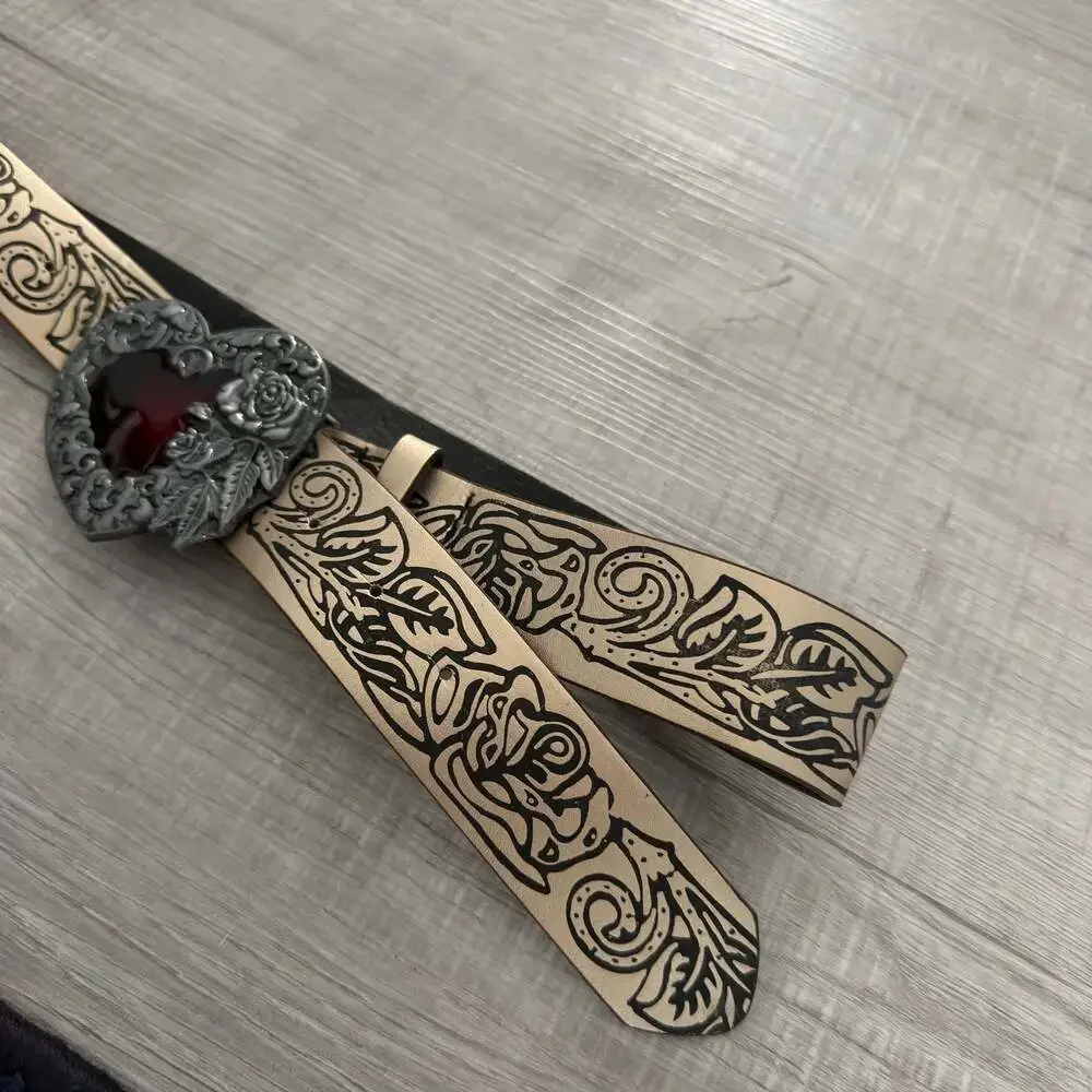 Gothic Style Faux Leather Belt with Red Heart Rose Embossed Buckle